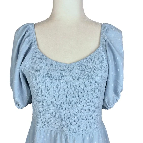 NEW PRETTY GARDEN L Maxi Dress Smocked Swiss Dot High Waist V Neck Tiered Blue - Picture 8 of 15